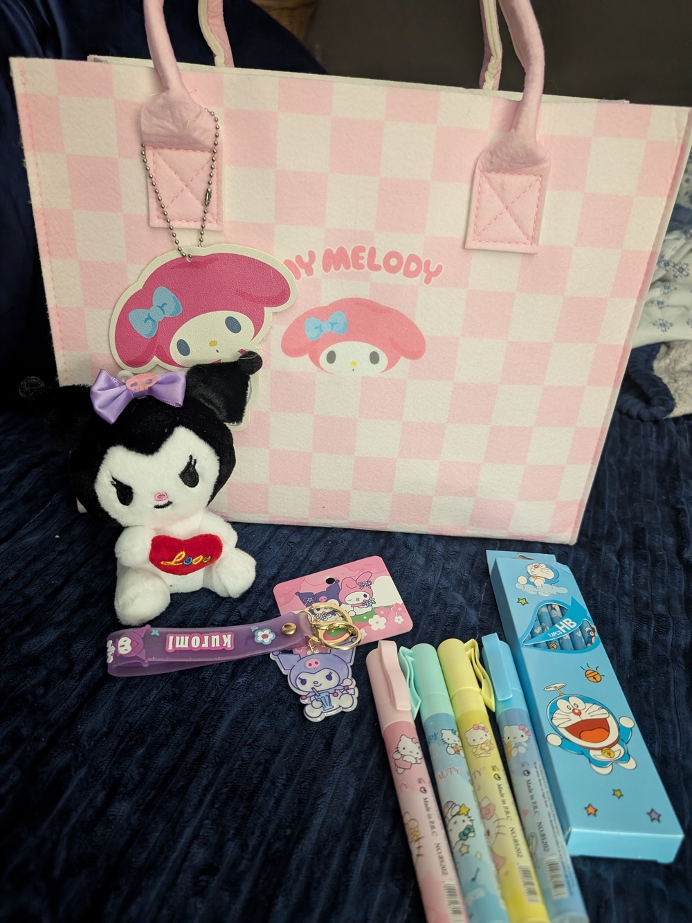 Sanrio Pink Check My Melody Tote Bag with Plush Keychain & Pastel Pens